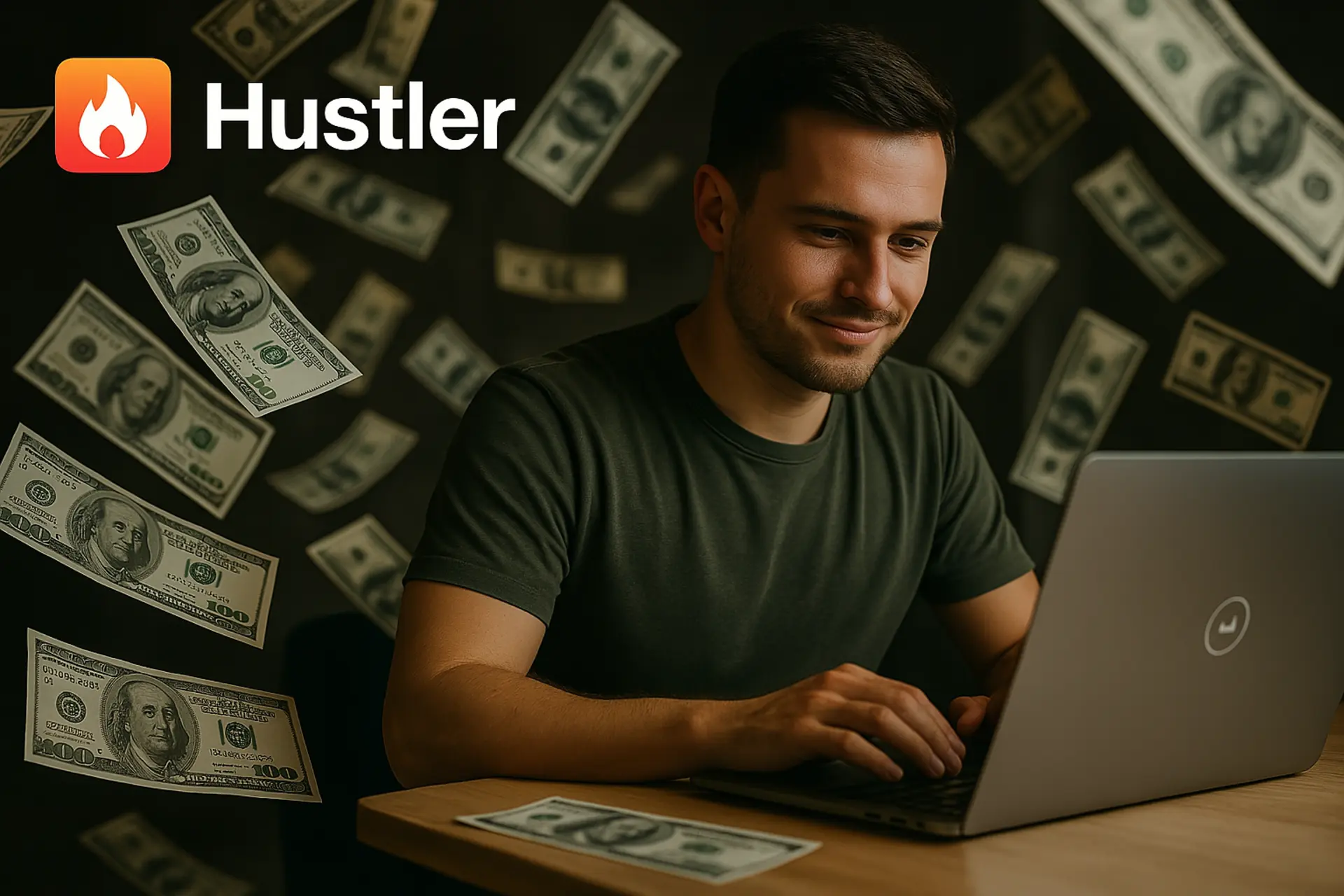 Gen Z entrepreneur grinding at laptop with dollar bills flying, symbolizing online hustle and digital success