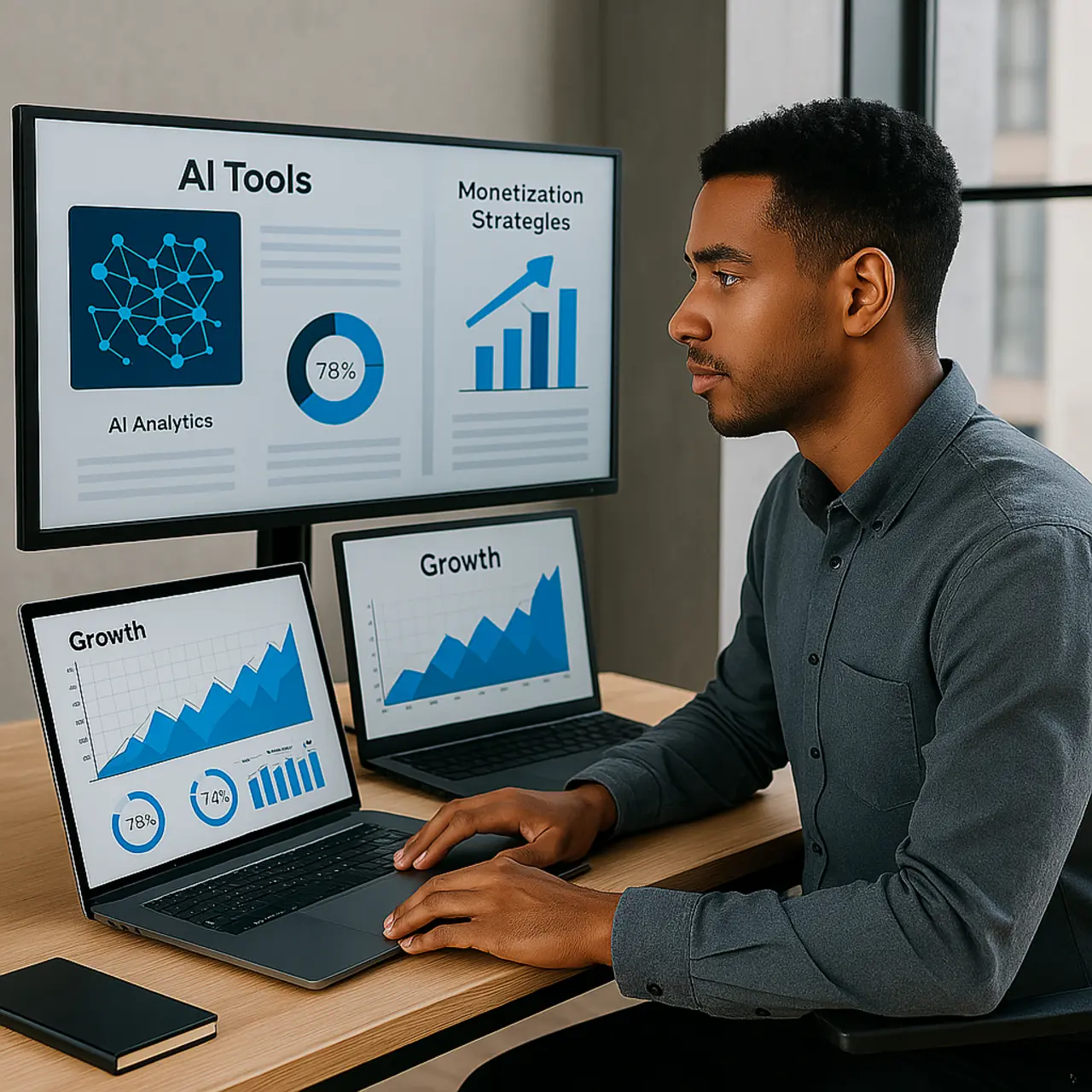 "A focused entrepreneur analyzes AI-driven business growth charts on multiple digital screens, optimizing monetization strategies using cutting-edge technology."