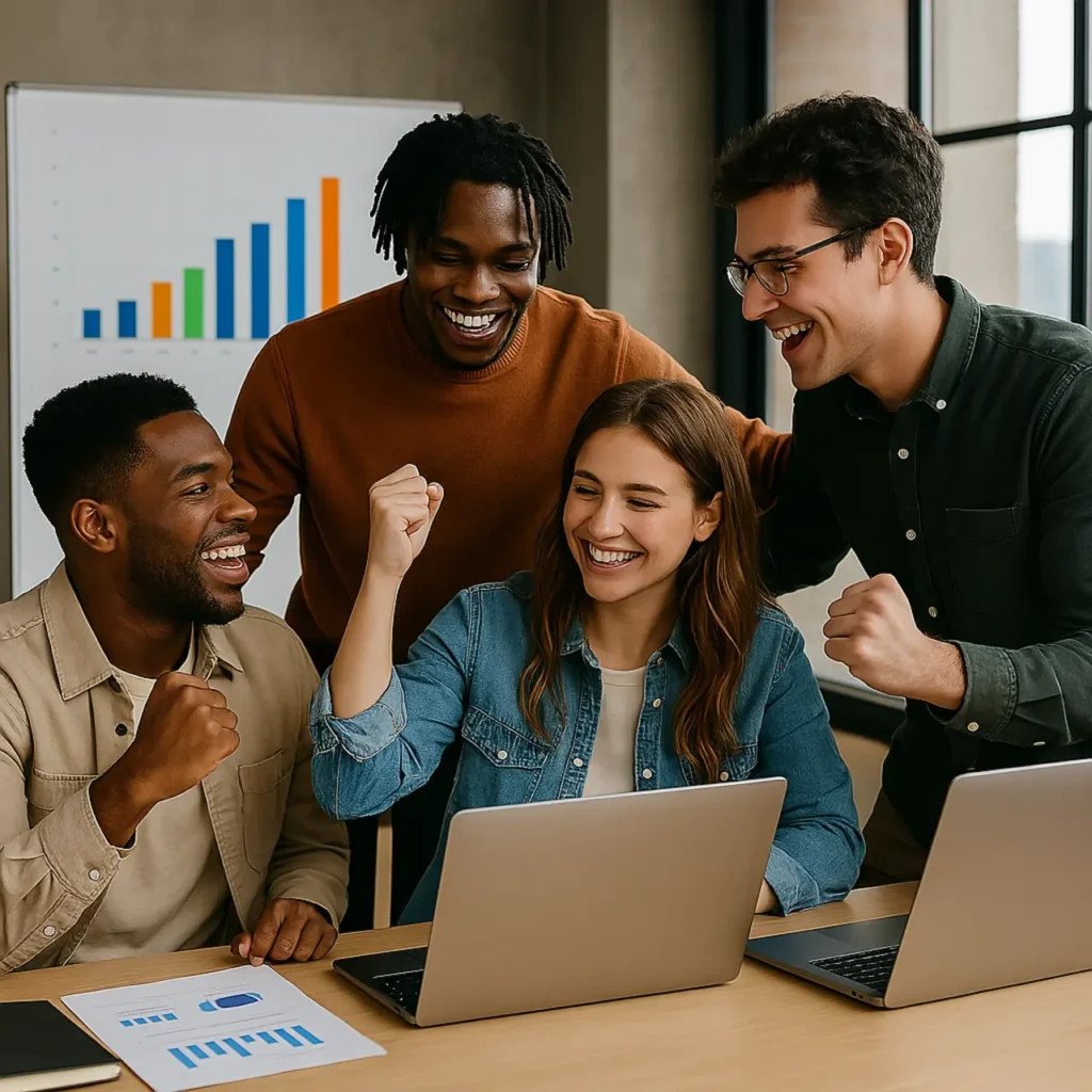 "A diverse group of young entrepreneurs working together on laptops, brainstorming business ideas, and celebrating a major success milestone in a modern workspace."