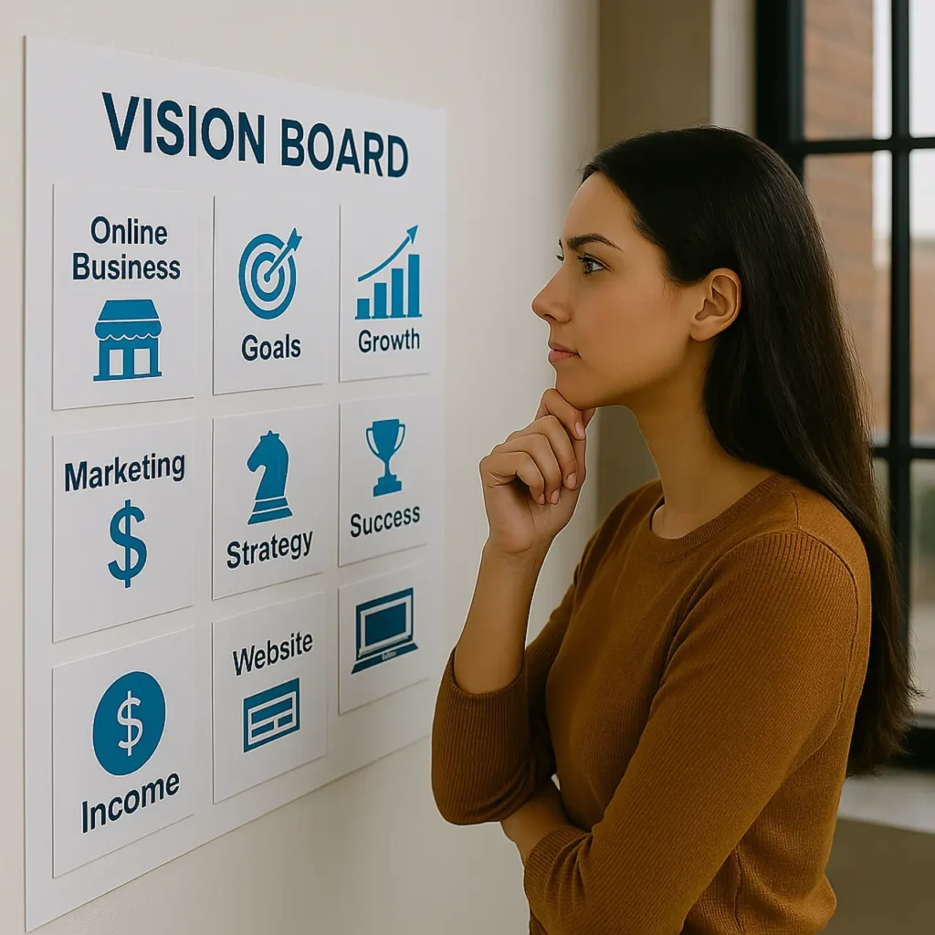 "A determined female entrepreneur analyzing a vision board filled with strategic online business goals, planning her next digital growth move."