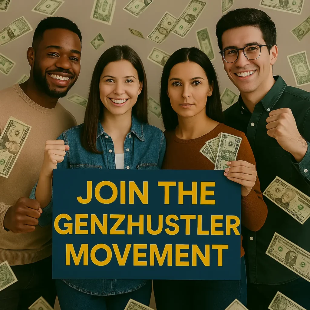 "A vibrant GENZHUSTLER movement scene featuring ambitious entrepreneurs, futuristic digital branding, and cascading dollar bills symbolizing financial success and business scaling."